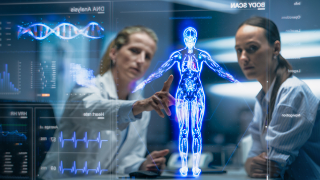 Physician and student analyzing a holographic body model