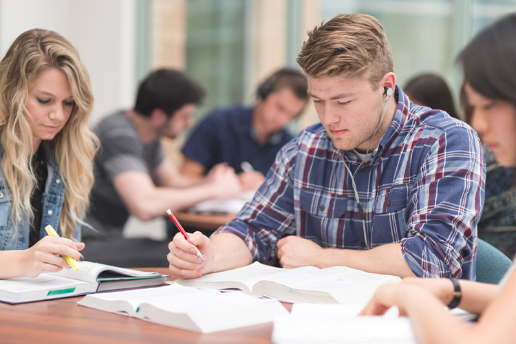 Group of students studying in the library
