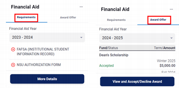 financial aid widget tabs