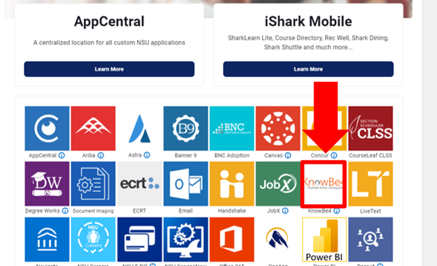Screenshot of the SharkLink login page with red outline and arrow indicating the KnowBe4 tile.