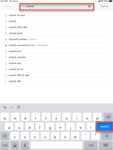 Search and type in Outlook screenshot